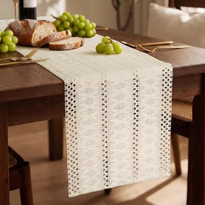 Productafbeelding van Tafelkleed 30x140 cm, bohemien/landelijke stijl, gehaakte rand, ivoorwit, katoen/linnen