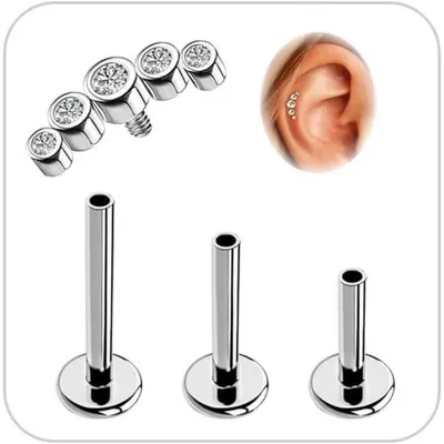 Obrázek produktu pro Titanový piercing do tragusu, helixu a labretu, stříbrný, různé velikosti: 16 gauge a délky 6 mm, 8 mm, 10 mm. Obsahuje 5 kusů