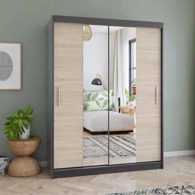 Produktbild von Kleiderschrank Schwebetürenschrank Schrank 150 cm Schwarz/Sonoma mit zwei Spiegeln Vista 01