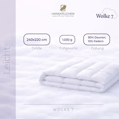 Image de HANSKRUCHEN Wolke 7 couette en duvet 240x220 cm légère 90% duvet lavable pour personnes allergiques respirante à caissons blanche