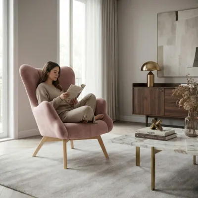 Produktbild von Ohrensessel VIKA – skandinavischer Clubsessel mit Holzbeinen, Velours Rosa, Family Meble