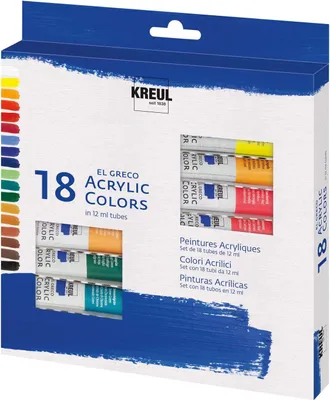 Obrázok produktu pre KREUL 28251, Čierna, Modrá, Hnedá, Zelená, Červená, Biela, Žltá, Akrylová farba, Tekuté, 12 ml, 18 kusov