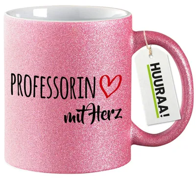 Produktbild von Huuraa Glitzertasse Professorin mit Herz 330ml Pink Keramik Kaffeebecher Geschenkidee
