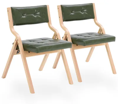 Productafbeelding van Set van 2 opklapbare eetkamerstoelen met bekleding van kunstleer, met een gebogen houten frame, in de kleuren natuur/olijfgroen