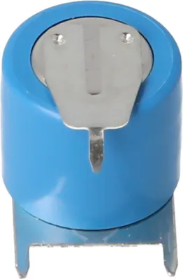 A close-up studio shot of a single battery with metal contacts.