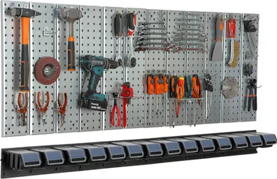 Zdjęcie produktu dla Ścianka narzędziowa 156x72 cm Metalowy system przechowywania z uchwytami na narzędzia Haki na narzędzia i 14 pojemników do układania 100 x 150 x 70 mm Kolor: czarny Płyta perforowana Warsztat Garaż Tablica Pegboard Elektronarzędzia