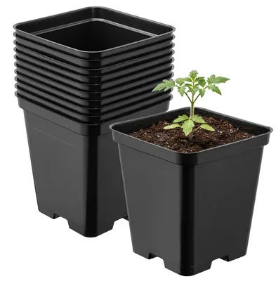 Image de Garronda, lot de 10 pots de fleurs carrés en plastique avec trous de drainage pour le jardin (noir, 9 x 9 x 9,6 cm (0,5 L)) GD-KW-S