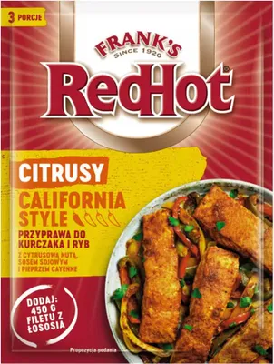 Zdjęcie produktu dla Przyprawa do kurczaka i ryb z cytrusową nutą , sosem sojowym i pieprzem cayenne Citrusy California Frnak's red hot 20g