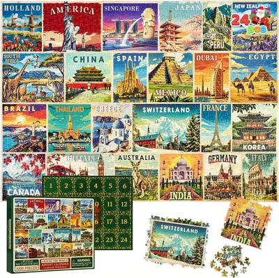 Productafbeelding van Adventskalender met wereldreispuzzel - 24-delig - Enorme wereldkaartpuzzel - 24 landenmotieven - Geografie leerkalender
