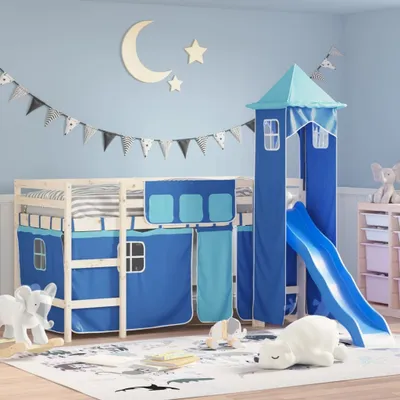 A child's bedroom with a loft bed featuring a blue tent and slide.