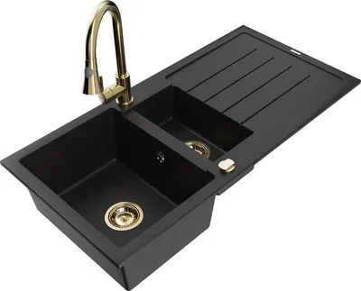 Produktbild von Mexen Andres Granitspüle 1,5-Becken mit Abtropffläche und Küchenarmatur Elia, schwarz - 6515-77-670101-50