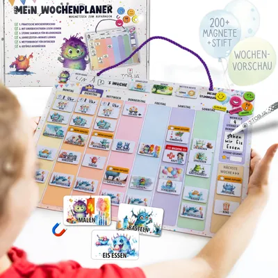 Produktbild von Wochenplaner Kinder mit Belohnungssystem – Inkl. 200+ Magnete, Stift & Tasche – Routine Planer Kinder & Aufgabenplaner Kinder mit Stimmungsbarometer, Jahreszeiten & Wetter – Fördert Fürsorge