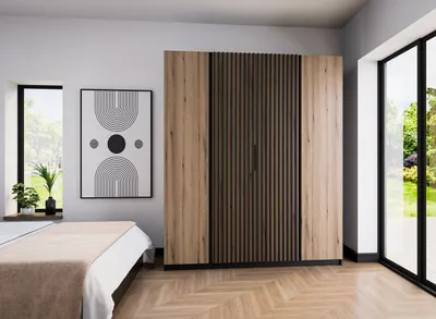 Image de BEAUTYSOFA Armoire spacieuse avec portes battantes et barreaux KAYA I 200 cm pour chambre, couloir (couleur : noir+chêne evoke+noir)