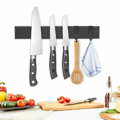 Image de Support magnétique pour couteaux - Barre à couteaux - Organisateur de cuisine - Avec 2 crochets de suspension - 25 cm - Noir