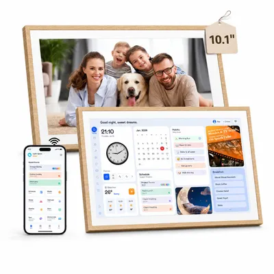 Produktbild von 2026 NEU! Blackview NEST 10, 10,1" Digitaler Kalender und Bilderrahmen mit Touch, WIFI, 1280x800, 16:10, Foto-Sharing, Kindersicherung, Holzdesign, KI-generiertes Bild