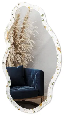 Produktbild von Dekorativer Wandspiegel mit Print, organische asymmetrische Form, 90x45 cm, moderner Designspiegel für Wohnzimmer, Flur und Schlafzimmer - Frühlingsmuster, KI-generiertes Bild