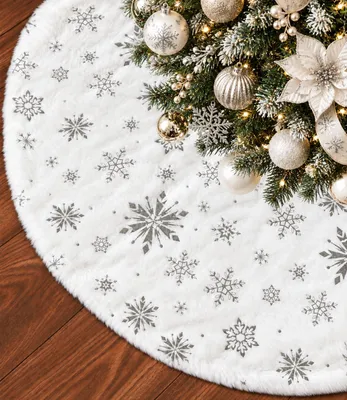 Productafbeelding van Kerstboomrok - Wit pluche - 90 cm - Kerstboom mat met sneeuwvlokken