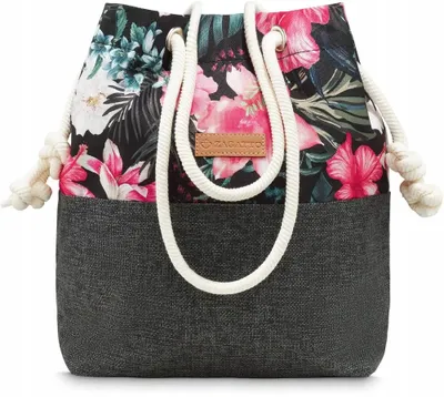 Immagine prodotto di Borsa da donna in stoffa con coulisse, Grigio con motivo floreale, ZAGATTO, fondo imbottito, borsa per tutti i giorni, 32x35x14 / ZG667