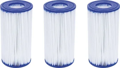 Three white filter cartridges with blue tops are arranged in a row against a white background.