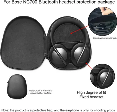 A black protective case for Bose NC700 Bluetooth headphones is shown open, with the headphones inside. Insets highlight features like the magnetic closure and the snug fit.