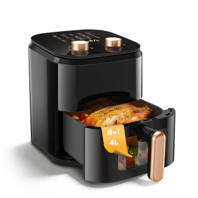 Produktbild von Heißluftfritteuse 4 L mit Sichtfenster | Airfryer mit Timerfunktion & Edelstahl Heizelement | praktisches Vorheizen & Warmhalten | geruchsarm, ohne Öl