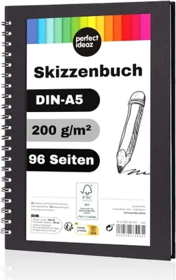 Produktbild von Famanu Skizzenbuch DIN A5 - 96 Seiten, Schwarzes Hardcover, Spiralbindung, Blankopapier 200 g/m²