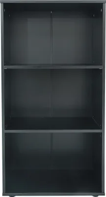 An empty, dark gray bookshelf with three shelves.