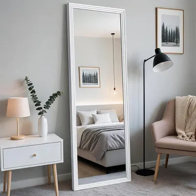 Produktbild von Rechteckiger Ganzkörperspiegel, 160 x 50 cm, Holzrahmen, HD verzerrungsfrei, Standspiegel, freistehend, Schlafzimmer Wohnzimmer, Weiß