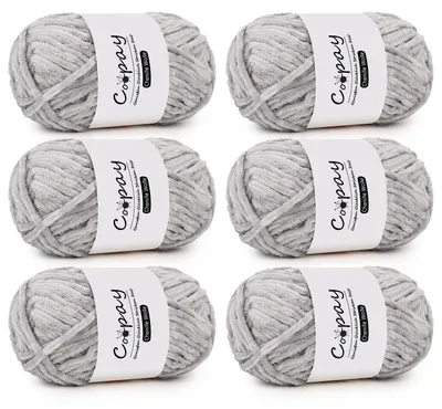 Obrázok produktu pre Chenilleová priadza na háčkovanie a pletenie, 6 x 100 g, svetlosivá, 100% polyester