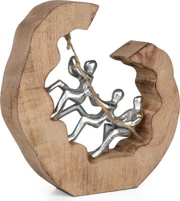 Produktbild von Moderne Skulptur Teamwork aus Aluminium und Mangoholz 22,5 x 5 x 24 cm - Dekofigur mit Seil in abstraktem Design als Symbol für Zusammenarbeit, Hilfe & Gemeinschaft