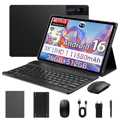 Image de Tablette 3K avec Android 16, 36 Go de RAM, 512 Go de stockage (extensible jusqu'à 2 To), 4G, Wi-Fi, écran 2944 x 1840 UHD de 13 pouces, batterie 11580 mAh, processeur Octa-Core G99, appareil photo 13MP + 8MP, tablette noire