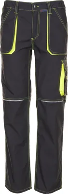 A pair of black work pants with yellow accents and reflective strips.