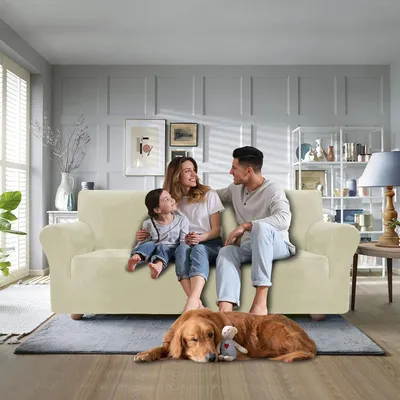 Produktbild von Sofabezug Samt 2 Sitzer Beige Elastisch Rutschfest Haustierfreundlich