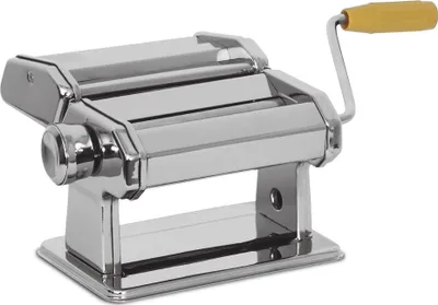 A chrome-plated pasta maker with a yellow handle on a white background.