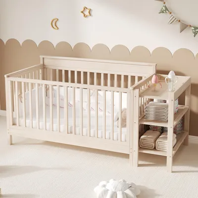 Produktbild von Flieks 3-in-1 Babybett, Kinderbett Nebenbett mit abnehmbarem Wickeltisch und Ablagen, Beistellbett mit abnehmbaren Sicherheitsgittern, Naturbelassen