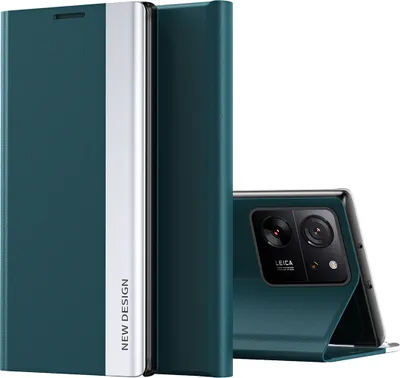 A teal flip case for a smartphone is shown, with the phone partially visible and displaying its camera module.