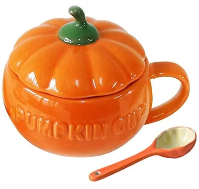 Image de Tasse en céramique en forme de citrouille avec couvercle et cuillère, 450 ml, 13,5 x 12 cm