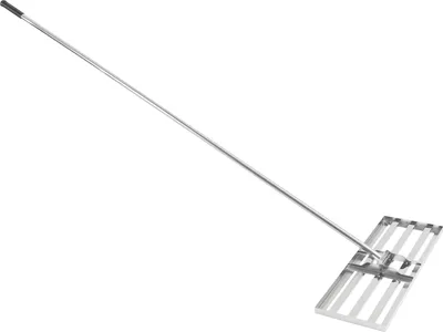 A silver lawn leveling rake with a long handle is shown against a white background.