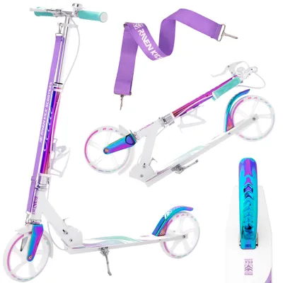 A collage of images showing a white kick scooter with iridescent purple and blue accents, along with a purple carrying strap.