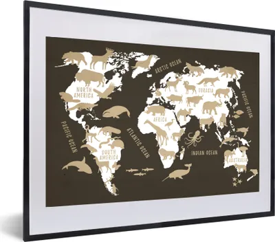 Produktbild von MuchoWow® MuchoWow® Gerahmtes Poster Weltkarte - Tiere - Beige 60x40 cm - Poster mit zchwarzem Bilderrahmen - Schlafzimmer - Plakat in Rahmen - Drucken