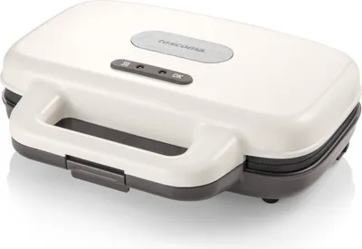 A close-up, studio shot of a white and gray sandwich maker.
