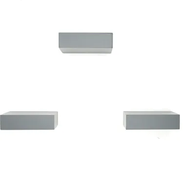 Three gray shelves are mounted on a white wall.