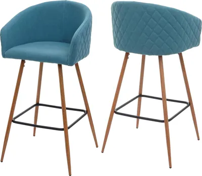 Produktbild von sada 2 barových stoliček HWC-D72, barová stolička kuchyňská stolička s opěradlem, kovový vzhled dřeva  látka/textil, tyrkysová barva