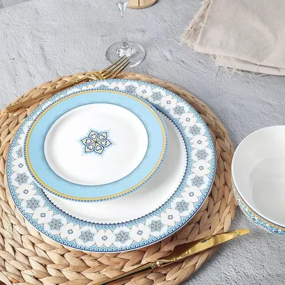 Produktbild von Serviesset für 6 Personen, 18-teilig, Porseleinen, Moderne Geometrie, Grau-Blau