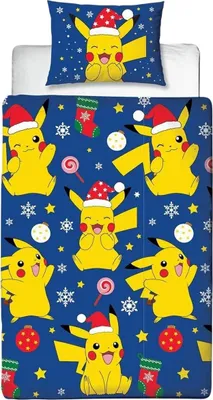 A Christmas-themed Pokemon duvet cover and pillowcase set featuring Pikachu.