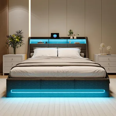 Produktbild von Fortuna Lai Polsterbett 140x190 cm mit LED-Kopfteil, USB und Lattenrost, Hydraulischem Stauraum, Metallrahmen, Jugendbett, Leinenstoff Grau