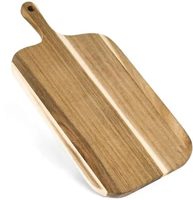Image de Plateau de découpe et de service Unyqoos® en bois d'acacia (38×19×1,5 cm) avec une poignée pratique – bois massif, surface respectueuse des couteaux