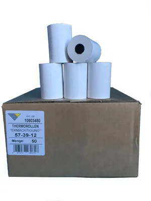 Immagine prodotto di Set di 50 rotoli termici da 57 mm x 39 mm con testo stampato