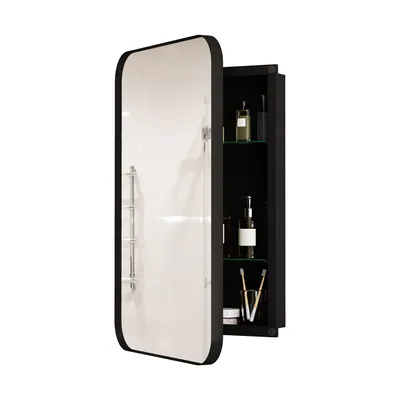 A black medicine cabinet with a mirrored door is shown open, revealing shelves with toiletries.