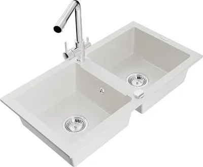 Immagine prodotto di Mexen Mario lavello in granito a 2 vasche con rubinetto da cucina Duero, bianco - 6504-20-671600-00